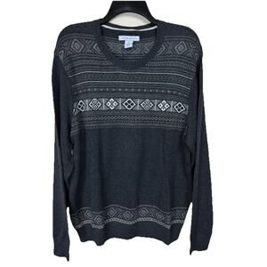 John Henry Mens Sweater XL Crew Neck Gray Aztec Print Classic Lightweight NWOT‎